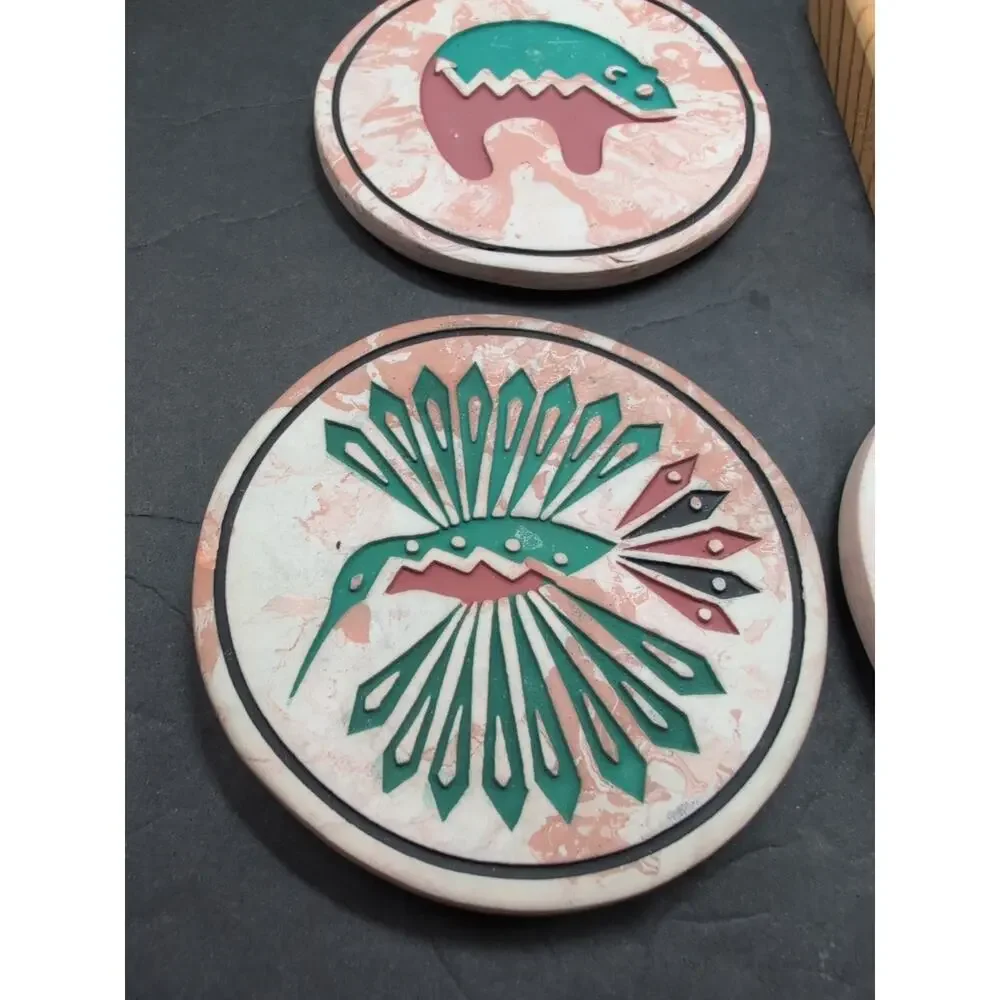 Southwestern Patterned Stone Engraved Coasters (4) In Holder